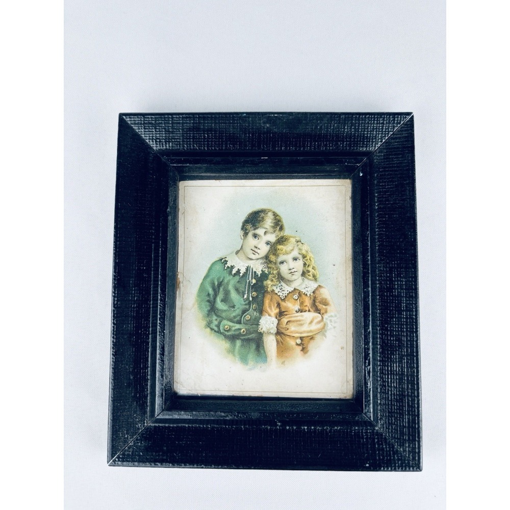 Antique Framed Victorian Art Print Children in Textured Black Frame Cottagecore